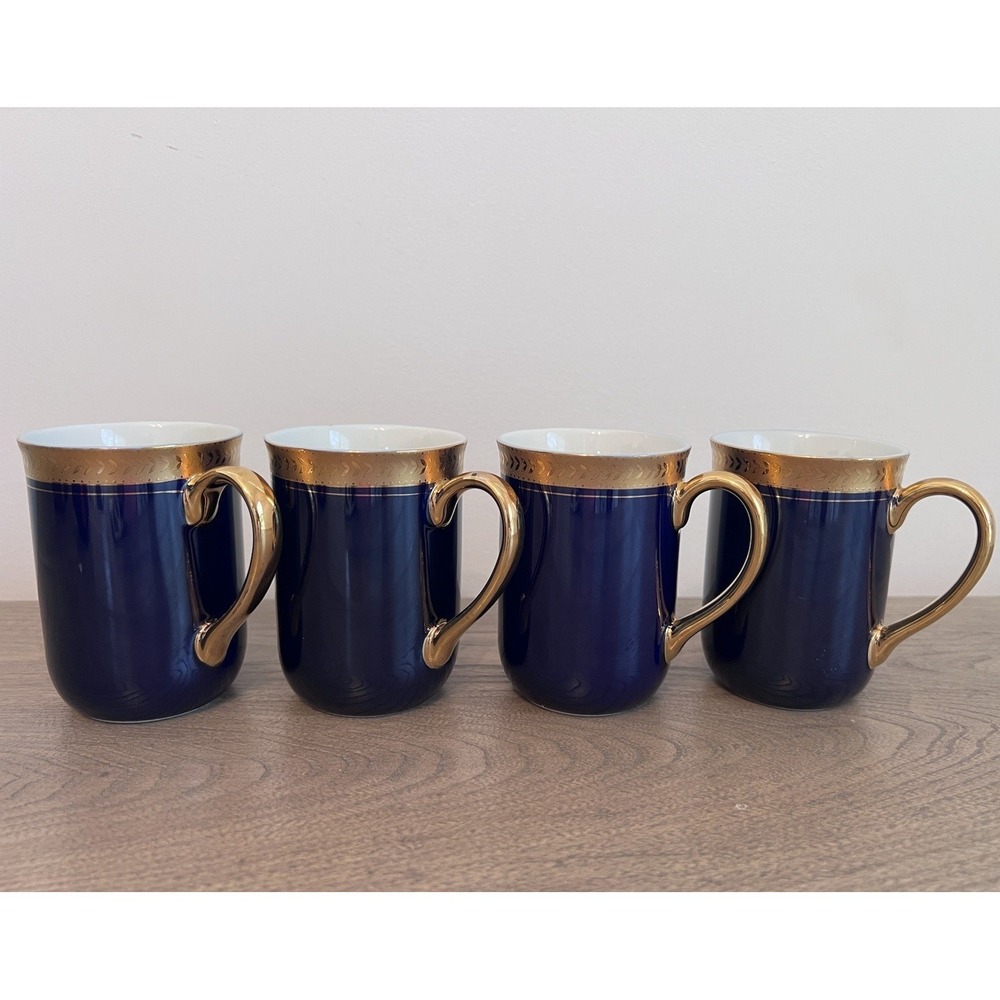 Set Of 4 HORCHOW Demitasse Coffee Mugs Tea Cups Cobalt Blue & Gold Trim~Japan